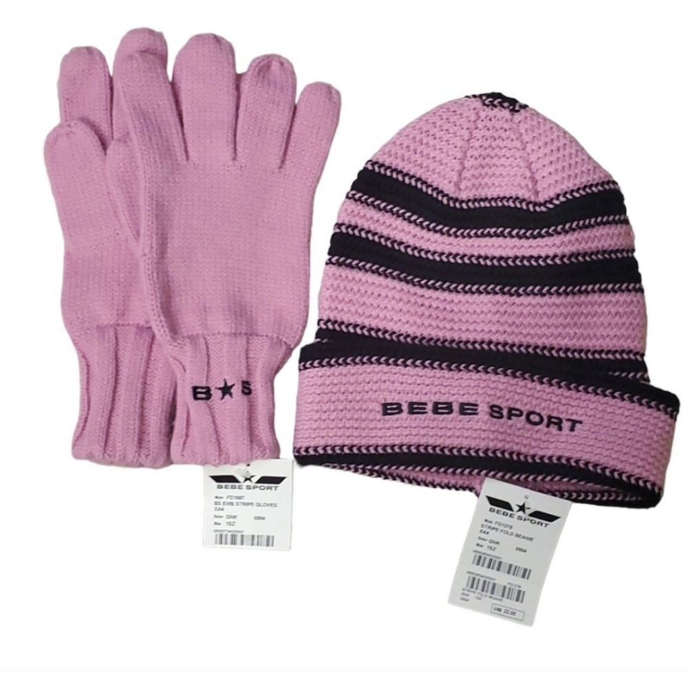 NWT Bebe pink black beanie and gloves set